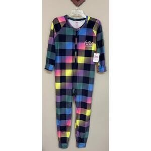 Justice Girls Sz 10 Plaid Colorful One-Piece Half-Button Sleep Romper NWT! A1194